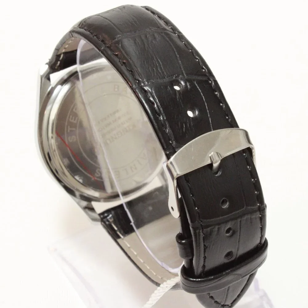 Men's Contemporary Dress Watch Silver Case Black Leather Watch Strap 40mm